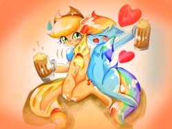 Size: 680x510 | Tagged: safe, artist:うめおにぎり, applejack, rainbow dash, g4, blushing, drunk, drunker dash, female, lesbian, ship:appledash, shipping, traditional art