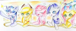 Size: 680x278 | Tagged: safe, artist:うめおにぎり, applejack, fluttershy, pinkie pie, rarity, twilight sparkle, g4, traditional art