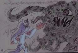 Size: 2443x1667 | Tagged: safe, artist:falloutfire, minuette, pony, unicorn, semi-anthro, g4, arm hooves, bipedal, body horror, duo, eldritch abomination, female, fight, frown, hoof hold, lovecraft, mare, tentacles, toothbrush, traditional art, yog sothoth, yog-sothoth