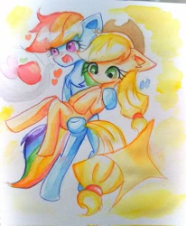 Size: 560x680 | Tagged: safe, artist:うめおにぎり, applejack, rainbow dash, earth pony, pegasus, pony, semi-anthro, g4, applejack's hat, arm hooves, blushing, bridal carry, carrying, chest fluff, cowboy hat, duo, female, hat, heart, lesbian, mare, ship:appledash, shipping, traditional art