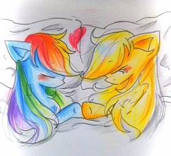 Size: 680x622 | Tagged: safe, artist:うめおにぎり, applejack, rainbow dash, g4, female, lesbian, ship:appledash, shipping, traditional art