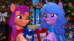Size: 3840x2160 | Tagged: safe, artist:owlpirate, izzy moonbow, sunny starscout, earth pony, pony, unicorn, g5, 3d, 4k, christmas, christmas presents, christmas tree, christmas wreath, duo, female, fireplace, garland, high res, holiday, hoof hold, lesbian, mare, open mouth, open smile, present, ship:moonscout, shipping, smiling, source filmmaker, tree, wreath