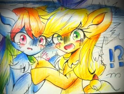 Size: 680x516 | Tagged: safe, artist:うめおにぎり, applejack, rainbow dash, g4, female, lesbian, ship:appledash, shipping, traditional art