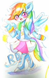 Size: 571x900 | Tagged: safe, artist:うめおにぎり, rainbow dash, pegasus, pony, semi-anthro, g4, anime, arm hooves, blushing, clothes, cute, dashabetes, equestria girls outfit, female, mare, solo, traditional art