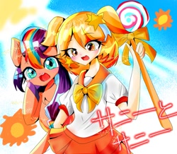 Size: 680x594 | Tagged: safe, artist:うめおにぎり, sunny starscout, earth pony, human, pony, g5, duo, female, mane stripe sunny, mare