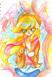 Size: 607x900 | Tagged: safe, artist:うめおにぎり, applejack, equestria girls, g4, female, solo, traditional art