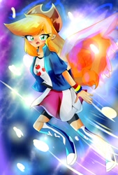 Size: 608x900 | Tagged: safe, artist:うめおにぎり, applejack, rainbow dash, equestria girls, g4, boots, breasts, bust, clothes, clothes swap, collar, cowboy hat, female, hair, hat, open mouth, ponytail, shirt, shoes, skirt, solo, t-shirt, teenager, wristband