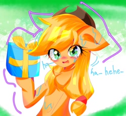 Size: 680x627 | Tagged: safe, artist:うめおにぎり, applejack, earth pony, pony, g4, applejack's hat, bipedal, chest fluff, cowboy hat, female, hat, mare, present, solo