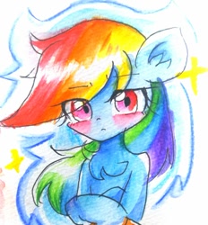 Size: 630x680 | Tagged: safe, artist:うめおにぎり, rainbow dash, pony, g4, chest fluff, human shoulders, solo, traditional art