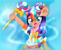 Size: 680x556 | Tagged: safe, artist:うめおにぎり, sunny starscout, earth pony, pony, semi-anthro, g5, blushing, candy, clothes, female, food, lollipop, mare, open mouth, sailor uniform, scepter, solo, uniform