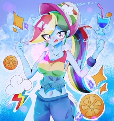 Size: 638x680 | Tagged: safe, artist:うめおにぎり, rainbow dash, equestria girls, g4, breasts, busty rainbow dash, drink, female, food, midriff, rainbow dash's cutie mark, solo, traditional art