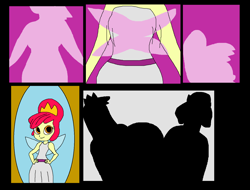 Size: 1572x1192 | Tagged: safe, artist:mojo1985, apple bloom, bright mac, pear butter, human, comic:apple bloom and the fairy kingdom, equestria girls, g4, alternate clothes, alternate hairstyle, clothes, comic, crown, fairy kingdom, fairy wings, father and child, father and daughter, female, hand on hip, hug, humanized, jewelry, king, kingdom, male, mirror, mother and child, mother and daughter, princess apple bloom, queen, regalia, shadow, smiling, story included, transformation, transformation sequence, transforming clothes, trio, wings