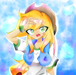Size: 680x673 | Tagged: safe, artist:うめおにぎり, applejack, equestria girls, g4, female, solo, traditional art