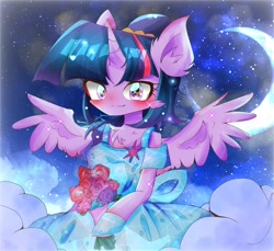 Size: 680x622 | Tagged: safe, artist:うめおにぎり, twilight sparkle, alicorn, pony, semi-anthro, g4, arm hooves, blushing, chest fluff, cloud, crescent moon, ear fluff, female, flower, looking at you, moon, smiling, solo, spread wings, traditional art, twilight sparkle (alicorn), wings