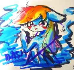 Size: 680x646 | Tagged: safe, artist:うめおにぎり, rainbow dash, pegasus, pony, semi-anthro, g4, arm hooves, blushing, female, human shoulders, mare, solo, tongue out, traditional art