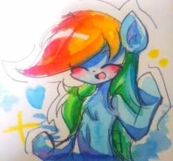 Size: 680x634 | Tagged: safe, artist:うめおにぎり, rainbow dash, pegasus, pony, semi-anthro, g4, arm hooves, belly button, bipedal, blushing, chest fluff, eyes closed, female, heart, human shoulders, mare, solo, traditional art