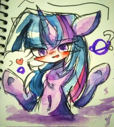 Size: 608x680 | Tagged: safe, artist:うめおにぎり, twilight sparkle, alicorn, pony, g4, belly button, bipedal, blushing, chest fluff, female, heart, human shoulders, mare, question mark, shrug, smiling, solo, traditional art, twilight sparkle (alicorn)