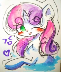 Size: 573x680 | Tagged: safe, artist:うめおにぎり, sweetie belle, pony, unicorn, g4, :p, ><, blushing, chest fluff, cute, ear fluff, eyes closed, female, filly, foal, heart, one eye closed, solo, tongue out, traditional art, wink
