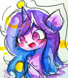 Size: 592x680 | Tagged: safe, artist:うめおにぎり, izzy moonbow, pony, unicorn, g5, ball, blushing, chest fluff, female, horn, horn impalement, izzy's tennis ball, mare, open mouth, solo, tennis ball, traditional art