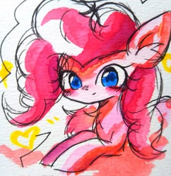 Size: 658x680 | Tagged: safe, artist:うめおにぎり, pinkie pie, earth pony, pony, g4, blushing, chest fluff, ear fluff, female, heart, looking at you, lying down, mare, prone, solo, traditional art