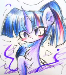 Size: 597x680 | Tagged: safe, artist:うめおにぎり, twilight sparkle, alicorn, pony, g4, blushing, chest fluff, ear fluff, female, mare, smiling, solo, traditional art, twilight sparkle (alicorn)