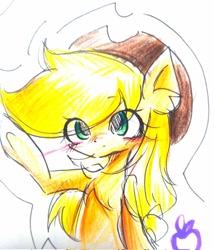 Size: 583x680 | Tagged: safe, artist:うめおにぎり, applejack, earth pony, pony, g4, applejack's hat, bipedal, blushing, chest fluff, cowboy hat, female, hat, human shoulders, mare, solo, traditional art, underhoof, waving