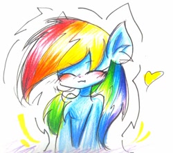 Size: 680x604 | Tagged: safe, artist:うめおにぎり, rainbow dash, pegasus, pony, g4, bipedal, blushing, chest fluff, cute, cute little fangs, ear fluff, eyes closed, fangs, heart, human shoulders, solo, traditional art