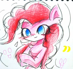 Size: 680x648 | Tagged: safe, artist:うめおにぎり, pinkie pie, earth pony, pony, g4, blushing, chest fluff, crossed hooves, ear fluff, female, human shoulders, mare, smiling, solo, traditional art