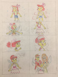 Size: 1280x1672 | Tagged: safe, artist:13mcjunkinm, apple bloom, bright mac, pear butter, human, comic:apple bloom and the fairy kingdom, equestria girls, g4, ^^, alternate clothes, alternate hairstyle, apple bloom's bow, bow, clothes, comic, crown, dialogue, dress, eyes closed, fairy wings, father and child, father and daughter, female, grin, hair bow, hug, humanized, jewelry, king, male, mother and child, mother and daughter, princess apple bloom, queen, regalia, smiling, sparkles, traditional art, transformation, transformation sequence, transforming clothes, trio, wings