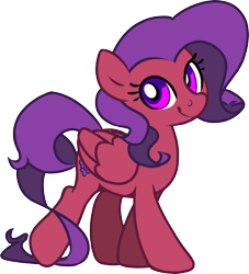 Size: 1836x2024 | Tagged: safe, artist:jennithedragon, oc, oc only, oc:grape bloom, pegasus, pony, 2024 community collab, derpibooru community collaboration, female, looking at you, mare, pegasus oc, pink eyes, purple mane, purple tail, red body, red coat, simple background, smiling, solo, tail, transparent background, wings