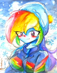 Size: 3096x3963 | Tagged: safe, artist:うめおにぎり, rainbow dash, equestria girls, g4, clothes, female, high res, snow, snowflake, solo, traditional art, winter outfit