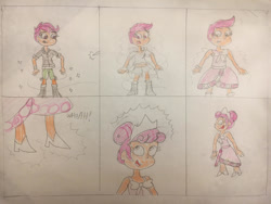 Size: 1280x960 | Tagged: safe, artist:13mcjunkinm, scootaloo, human, equestria girls, g4, alternate hairstyle, amazed, clothes, comic, dress, female, flower girl, flower girl dress, humanized, open mouth, open smile, smiling, solo, sparkles, traditional art, transformation, transformation sequence, transforming clothes