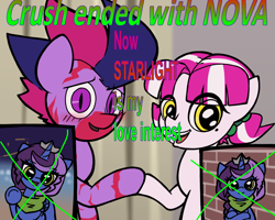 Size: 2000x1600 | Tagged: safe, artist:yamston, oc, oc only, oc:princess nova(ltd), oc:spark greenfield, oc:starlight(ltd), alicorn, pony, zebra, fanfic:living the dream, 2023, blue coat, blushing, colt, crown, fanfic art, female, filly, foal, friendship ended, green eyes, jewelry, male, meme, offspring, parent:oc:frederic bourdages, parent:oc:lance greenfield, parent:princess luna, parent:twilight sparkle, parents:canon x oc, pigtails, pink mane, purple eyes, red stripes, regalia, slit pupils, text, trio, two toned mane, yellow eyes, zebra oc