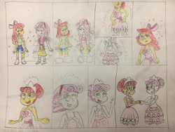 Size: 1280x960 | Tagged: safe, artist:13mcjunkinm, apple bloom, sweetie belle, human, equestria girls, g4, alternate hairstyle, amazed, apple bloom's bow, bow, clothes, comic, dress, duo, female, flower girl, flower girl dress, grin, hair bow, holding hands, humanized, looking at each other, looking at someone, open mouth, open smile, smiling, smiling at each other, sparkles, traditional art, transformation, transformation sequence, transforming clothes