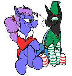 Size: 637x678 | Tagged: safe, artist:dinexistente, oc, oc only, changeling, blushing, christmas changeling, clothes, hat, kissy face, looking at each other, looking at someone, ribbon, simple background, socks, striped socks, white background