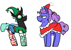 Size: 807x569 | Tagged: safe, artist:dinexistente, oc, changeling, christmas changeling, clothes, hat, shorts, simple background, smiling, socks, striped socks, white background