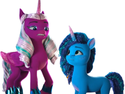 Size: 800x600 | Tagged: safe, edit, edited screencap, editor:dracoawesomeness, screencap, misty brightdawn, opaline arcana, alicorn, pony, unicorn, g5, hoof done it?, my little pony: make your mark, my little pony: make your mark chapter 2, spoiler:g5, spoiler:my little pony: make your mark, spoiler:my little pony: make your mark chapter 2, spoiler:mymc02e07, background removed, duo, duo female, episode needed, female, mare, not a vector, simple background, transparent background