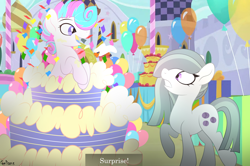 Size: 2048x1358 | Tagged: safe, artist:gelians, marble pie, oc, oc:sweetie swirl, bat pony, g4, balloon, bat pony oc, blue tongue, cake, canterlot, duo, femboy, food, male, multicolored hair, party, text