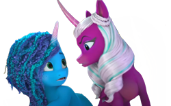 Size: 1280x800 | Tagged: safe, edit, edited screencap, editor:dracoawesomeness, screencap, misty brightdawn, opaline arcana, alicorn, pony, unicorn, g5, background removed, duo, duo female, episode needed, female, not a vector, simple background, transparent background
