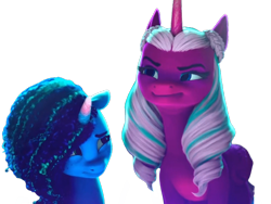 Size: 800x600 | Tagged: safe, edit, edited screencap, editor:dracoawesomeness, screencap, misty brightdawn, opaline arcana, alicorn, pony, unicorn, g5, my little pony: make your mark, my little pony: make your mark chapter 2, my little pony: make your mark chapter 4, spoiler:g5, spoiler:my little pony: make your mark chapter 2, spoiler:my little pony: make your mark chapter 4, background removed, confident, duo, duo female, evil smirk, female, intro, nervous, not a vector, simple background, smiling, smirk, theme song, transparent background, worried