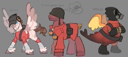 Size: 2048x923 | Tagged: safe, artist:creedei, dragon, pegasus, pony, unicorn, army helmet, bomb, boots, clothes, coat markings, colored hooves, dappled, dog tags, exploitable meme, gas mask, gloves, gray background, grenade, hat over eyes, headphones, helmet, leg wraps, male, mask, meme, offense, ponified, pyro (tf2), scout (tf2), shoes, simple background, soldier, soldier (tf2), spilled milk, spread wings, stallion, standing, team fortress 2, text, thought bubble, trio, unshorn fetlocks, weapon, wings