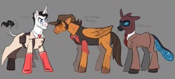 Size: 2048x923 | Tagged: safe, artist:creedei, changeling, pegasus, pony, unicorn, cigarette, clothes, cowboy hat, folded wings, glasses, gloves, gray background, grin, hat, lab coat, leonine tail, male, mask, medic, medic (tf2), necktie, ponified, rule 85, sideburns, simple background, smiling, sniper, sniper (tf2), spy, spy (tf2), stallion, standing, suit, sunglasses, support, tail, team fortress 2, text, trio, unshorn fetlocks, vest, wings