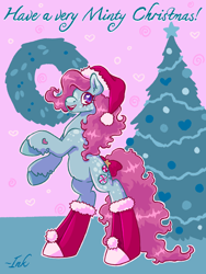 Size: 1536x2048 | Tagged: safe, artist:inkbl0t, derpibooru exclusive, minty, earth pony, a very minty christmas, g3, bipedal, boots, christmas, coat markings, dappled, green coat, hat, holiday, long mane, long tail, pink mane, purple eyes, rearing, santa hat, shoes, solo, spots, tail