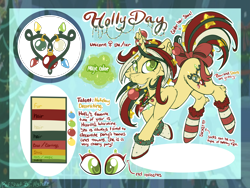 Size: 2224x1668 | Tagged: safe, artist:mychelle, oc, oc only, oc:holly day, pony, unicorn, bow, christmas ornament, clothes, decoration, female, mare, mouth hold, reference sheet, socks, solo, striped socks, tail, tail bow