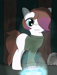 Size: 1536x2048 | Tagged: safe, artist:aboringusername, oc, pony, blue eyes, brown mane, clothes, dyed mane, forest, forest background, glowing, light skin, mushroom, nature, solo, sweater, tree