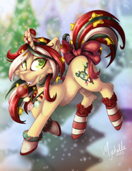 Size: 2550x3300 | Tagged: safe, artist:mychelle, oc, oc only, oc:holly day, pony, unicorn, blurry background, bow, christmas, christmas ornament, christmas tree, clothes, decoration, female, high res, holiday, mare, mouth hold, reference sheet, snow, snowfall, socks, solo, striped socks, tail, tail bow, tree