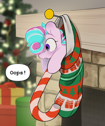 Size: 2243x2701 | Tagged: source needed, safe, artist:mochi_nation, oc, oc:sweetie swirl, bat pony, pony, bat pony oc, blushing, candy, candy cane, christmas, christmas lights, christmas stocking, christmas tree, commission, fireplace, food, high res, holiday, multicolored hair, not flurry heart, present, solo, text, tiny, tiny ponies, tree, ych result