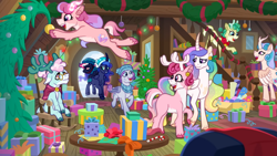 Size: 1192x670 | Tagged: safe, artist:computerstickman, alice the reindeer, aurora the reindeer, bori the reindeer, princess celestia, princess luna, oc, oc:northern wishes, oc:periwinkle, deer, deer pony, hybrid, original species, pony, reindeer, g4, candy, candy cane, christmas, christmas lights, christmas tree, cloven hooves, food, grove of the gift givers, headcanon in the description, holiday, hybrid oc, present, rocking chair, string lights, the gift givers, tree, unshorn fetlocks