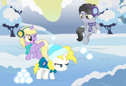Size: 1680x1150 | Tagged: safe, artist:milesthelilfox, dinky hooves, oc, oc:fireworks, oc:surprise, pegasus, pony, unicorn, beanie, clothes, coat, colt, commission, earmuffs, female, filly, flying, foal, grin, hat, male, offspring, one eye closed, open mouth, parent:derpy hooves, parent:pinkie pie, parents:canon x oc, raised hoof, scarf, smiling, snow, snowball, snowball fight, striped scarf, tree, trio, wink, winter hat