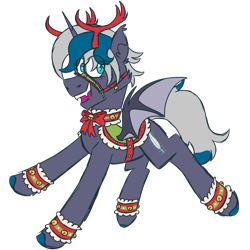 Size: 900x900 | Tagged: safe, artist:fuckomcfuck, oc, oc only, oc:elizabat stormfeather, alicorn, bat pony, bat pony alicorn, pony, alicorn oc, animal costume, antlers, bat pony oc, bat wings, bell, bell collar, bow, bridle, christmas, collar, costume, cuffs, cute, ear fluff, fangs, female, holiday, horn, jingle bells, mare, ocbetes, open mouth, reindeer antlers, reindeer costume, saddle, simple background, solo, tack, transparent background, unshorn fetlocks, wings
